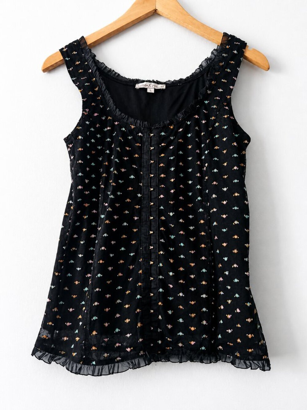 Moa Moa Black Sheer Mesh Ruffle Corset Tank L Y2K Coquette Mall Goth